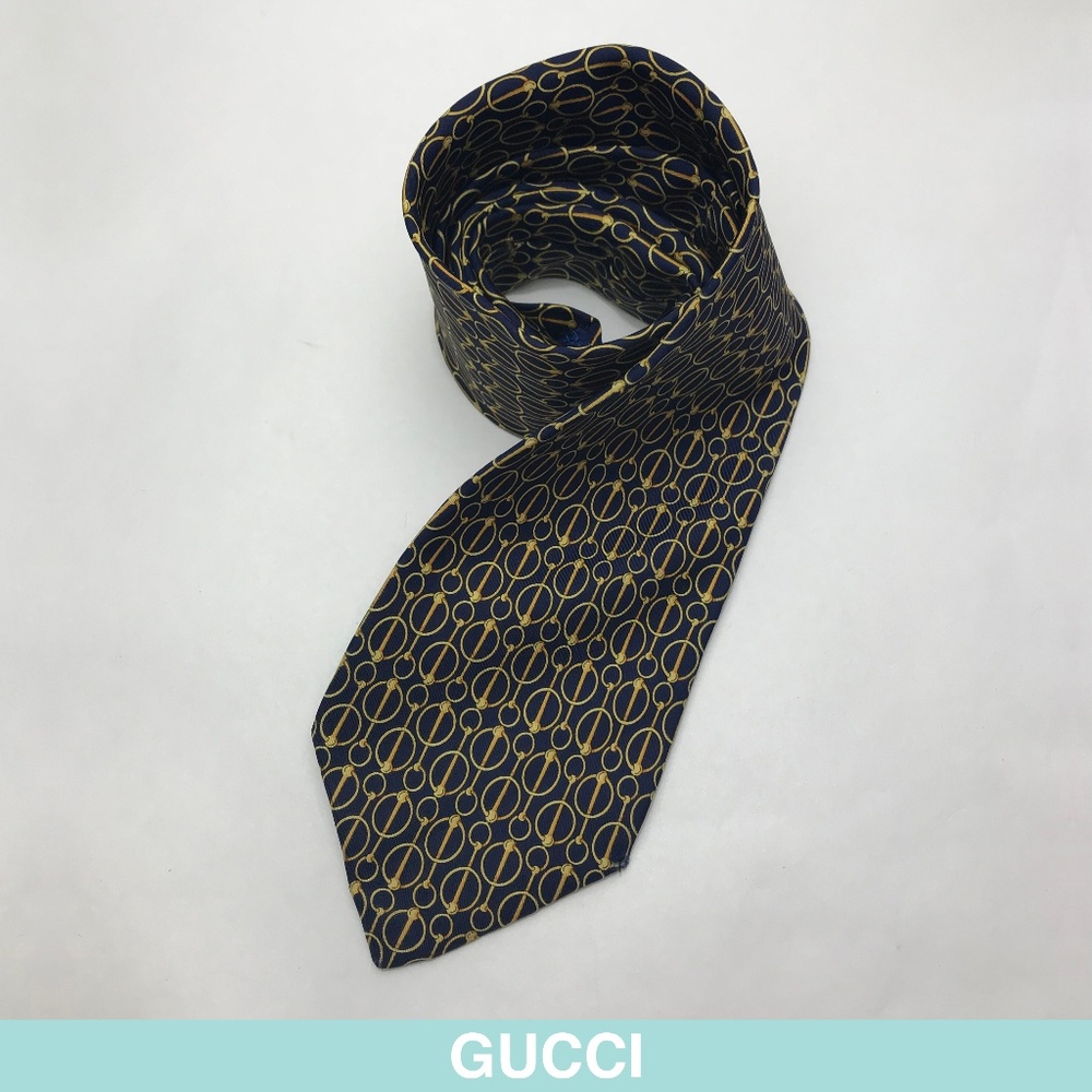 Auth Gucci blue tie horse bit-like print 100% silk